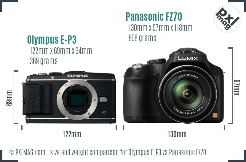 Olympus E-P3 vs Panasonic FZ70 size comparison