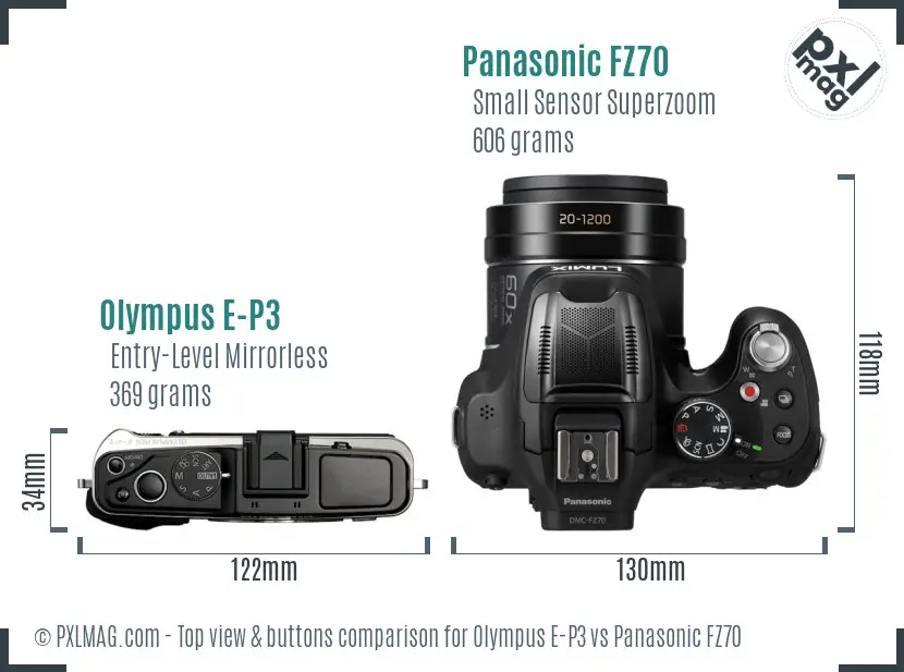 Olympus E-P3 vs Panasonic FZ70 top view buttons comparison