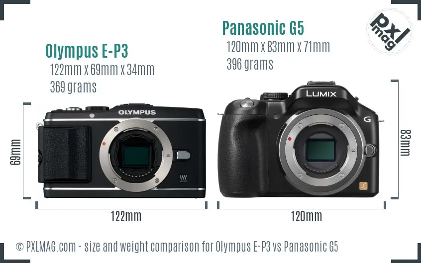Olympus E-P3 vs Panasonic G5 size comparison