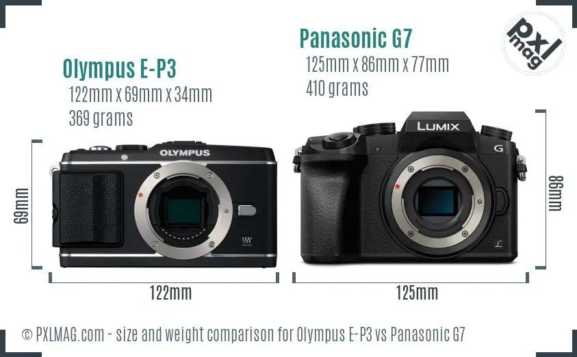 Olympus E-P3 vs Panasonic G7 size comparison