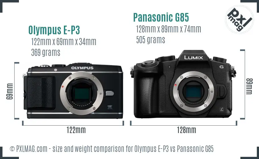 Olympus E-P3 vs Panasonic G85 size comparison