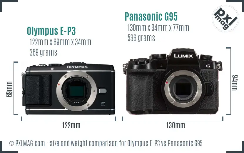 Olympus E-P3 vs Panasonic G95 size comparison