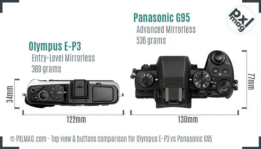 Olympus E-P3 vs Panasonic G95 top view buttons comparison