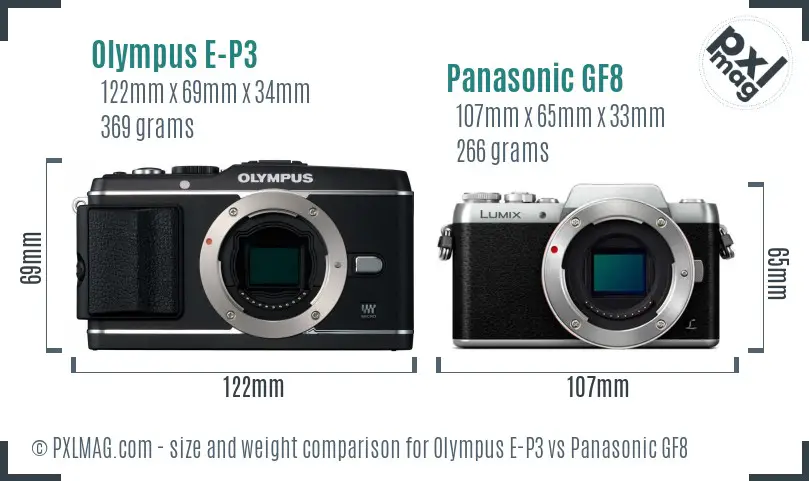 Olympus E-P3 vs Panasonic GF8 size comparison