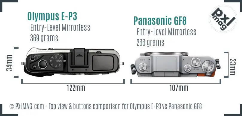 Olympus E-P3 vs Panasonic GF8 top view buttons comparison