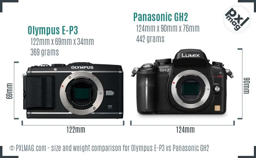 Olympus E-P3 vs Panasonic GH2 size comparison