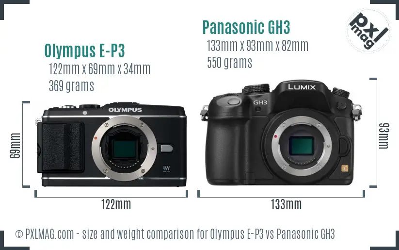 Olympus E-P3 vs Panasonic GH3 size comparison