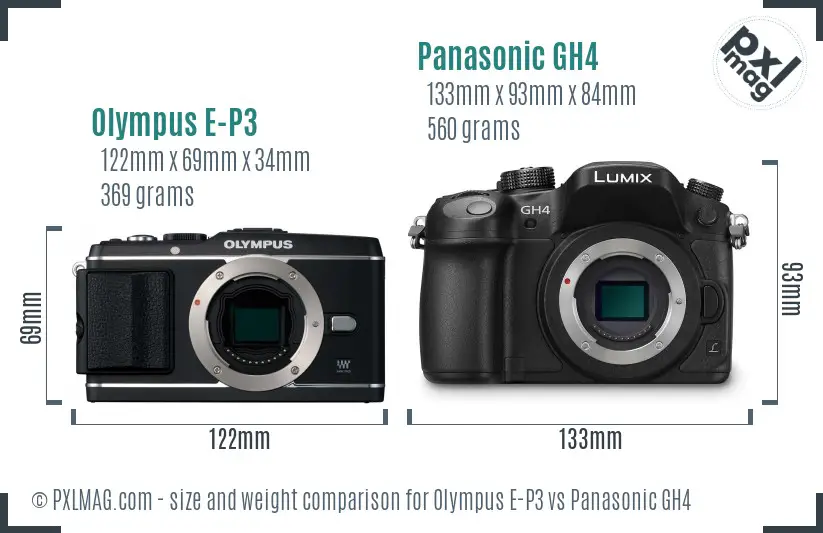 Olympus E-P3 vs Panasonic GH4 size comparison