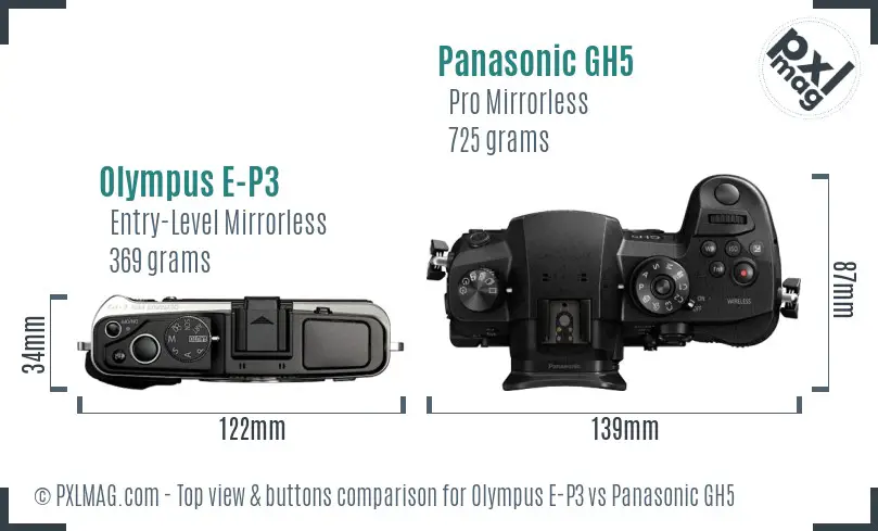 Olympus E-P3 vs Panasonic GH5 top view buttons comparison