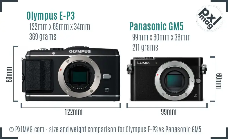 Olympus E-P3 vs Panasonic GM5 size comparison