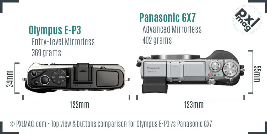 Olympus E-P3 vs Panasonic GX7 top view buttons comparison