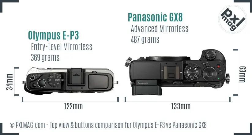 Olympus E-P3 vs Panasonic GX8 top view buttons comparison