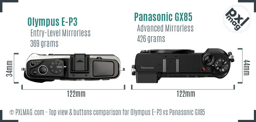 Olympus E-P3 vs Panasonic GX85 top view buttons comparison