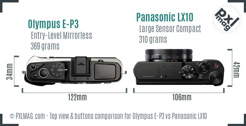 Olympus E-P3 vs Panasonic LX10 top view buttons comparison