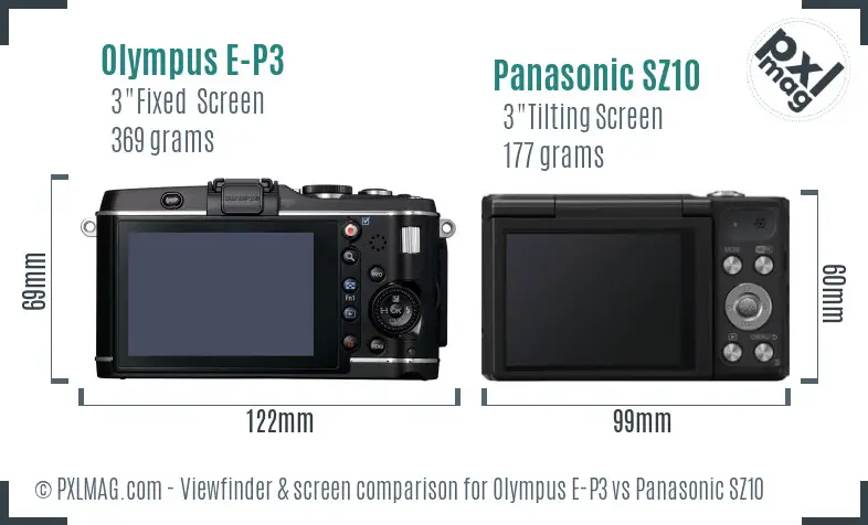 Olympus E-P3 vs Panasonic SZ10 Screen and Viewfinder comparison