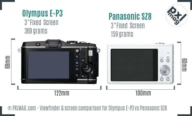 Olympus E-P3 vs Panasonic SZ8 Screen and Viewfinder comparison