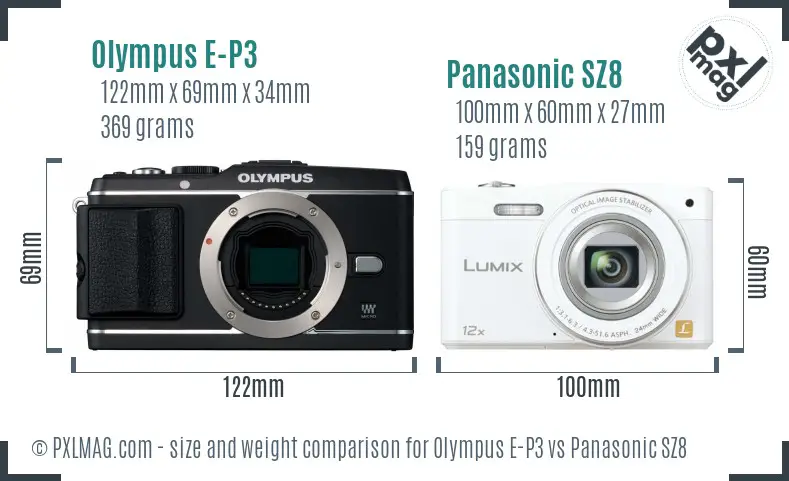 Olympus E-P3 vs Panasonic SZ8 size comparison