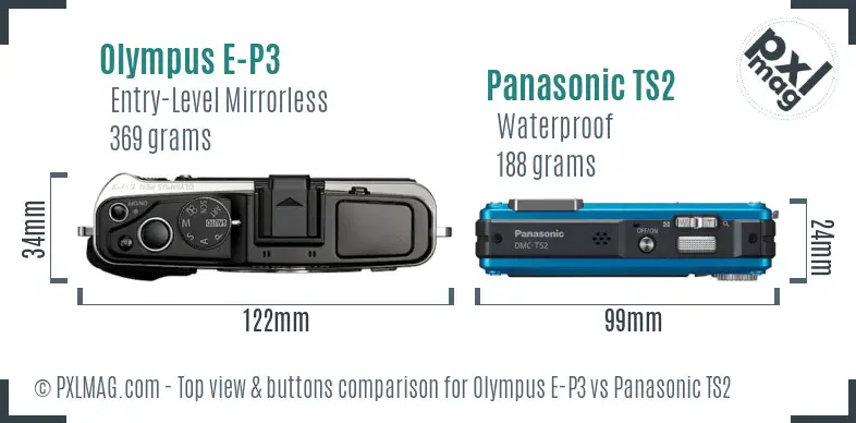 Olympus E-P3 vs Panasonic TS2 top view buttons comparison