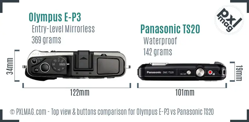 Olympus E-P3 vs Panasonic TS20 top view buttons comparison