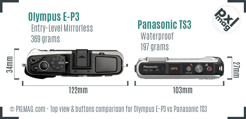 Olympus E-P3 vs Panasonic TS3 top view buttons comparison