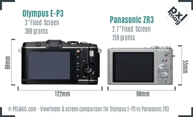 Olympus E-P3 vs Panasonic ZR3 Screen and Viewfinder comparison