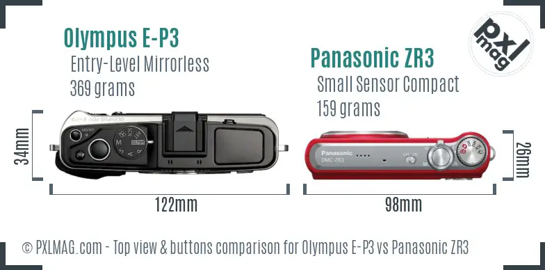 Olympus E-P3 vs Panasonic ZR3 top view buttons comparison