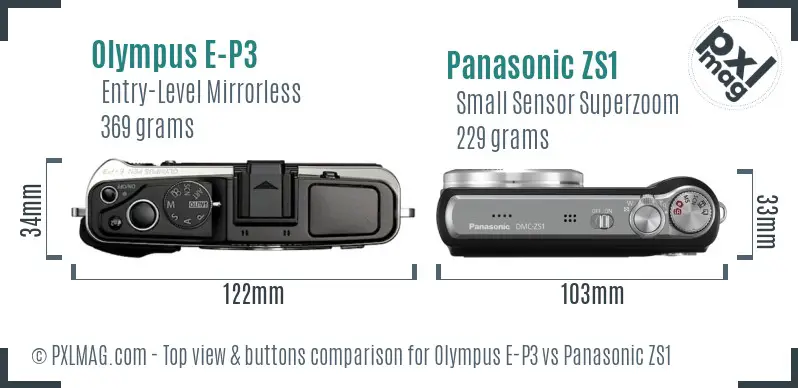 Olympus E-P3 vs Panasonic ZS1 top view buttons comparison