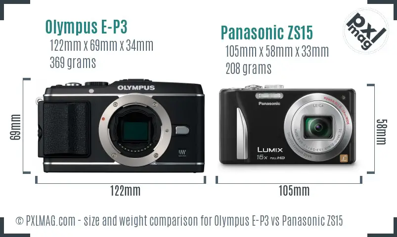 Olympus E-P3 vs Panasonic ZS15 size comparison