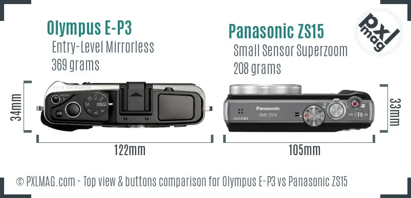 Olympus E-P3 vs Panasonic ZS15 top view buttons comparison