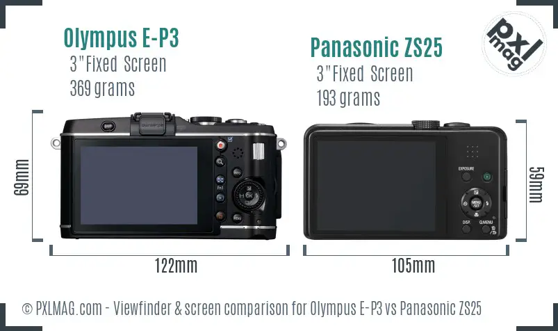 Olympus E-P3 vs Panasonic ZS25 Screen and Viewfinder comparison