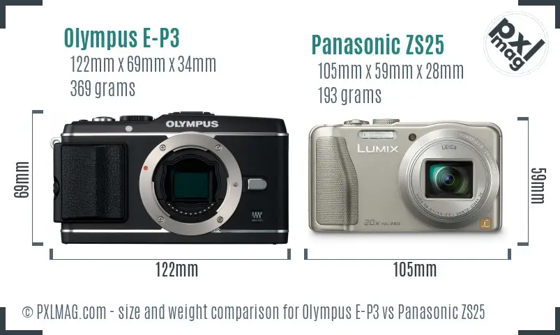 Olympus E-P3 vs Panasonic ZS25 size comparison