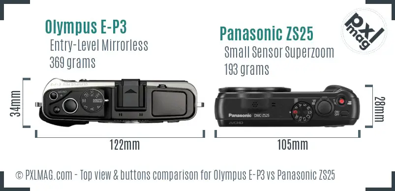 Olympus E-P3 vs Panasonic ZS25 top view buttons comparison