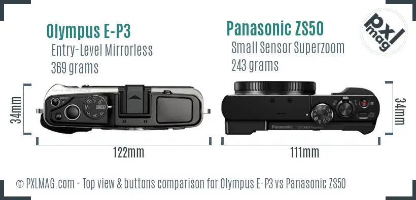 Olympus E-P3 vs Panasonic ZS50 top view buttons comparison