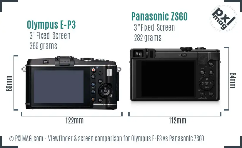Olympus E-P3 vs Panasonic ZS60 Screen and Viewfinder comparison