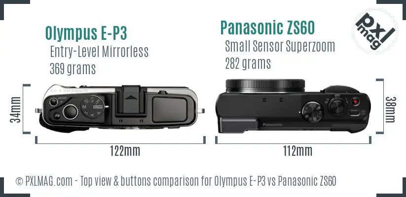 Olympus E-P3 vs Panasonic ZS60 top view buttons comparison