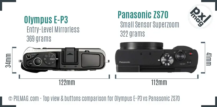 Olympus E-P3 vs Panasonic ZS70 top view buttons comparison