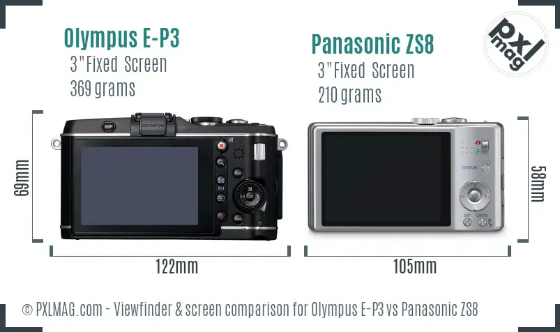 Olympus E-P3 vs Panasonic ZS8 Screen and Viewfinder comparison