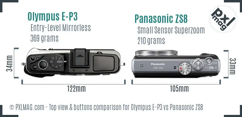 Olympus E-P3 vs Panasonic ZS8 top view buttons comparison
