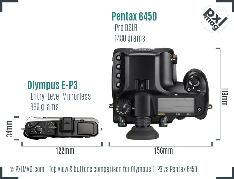 Olympus E-P3 vs Pentax 645D top view buttons comparison