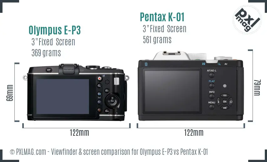 Olympus E-P3 vs Pentax K-01 Screen and Viewfinder comparison