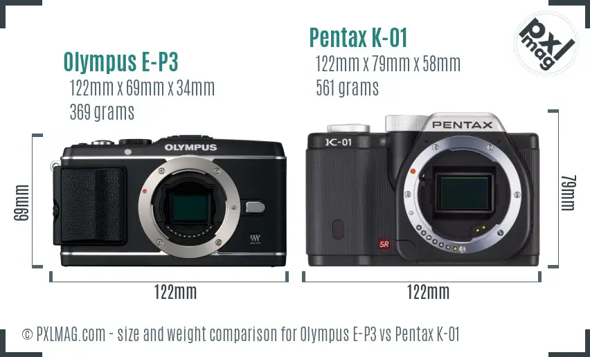 Olympus E-P3 vs Pentax K-01 size comparison