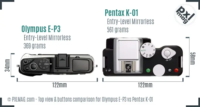 Olympus E-P3 vs Pentax K-01 top view buttons comparison
