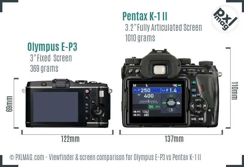 Olympus E-P3 vs Pentax K-1 II Screen and Viewfinder comparison
