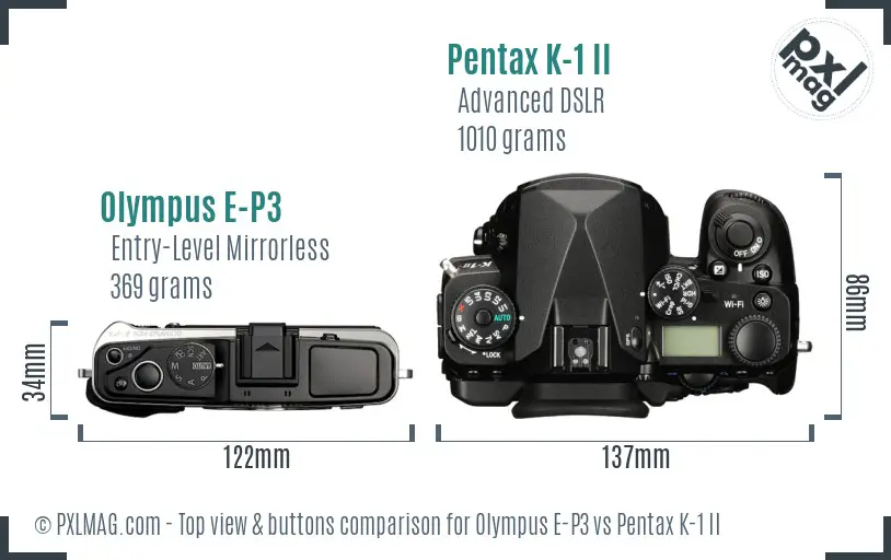 Olympus E-P3 vs Pentax K-1 II top view buttons comparison
