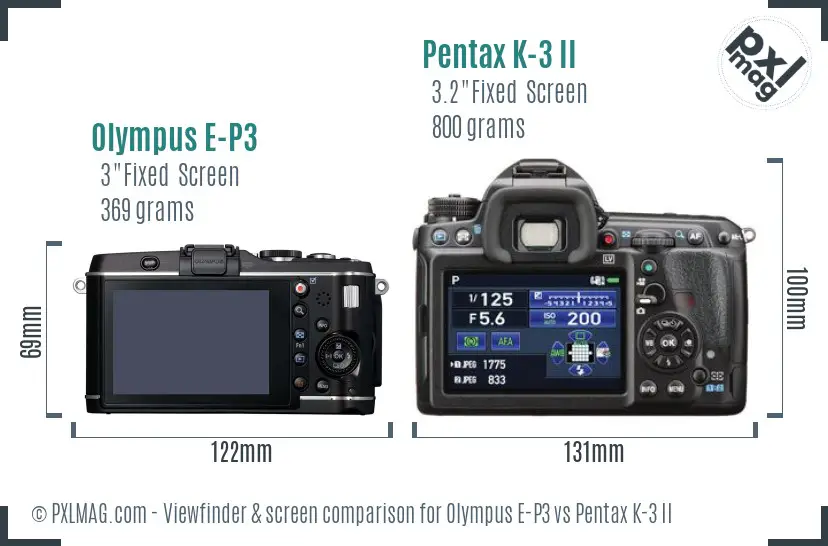 Olympus E-P3 vs Pentax K-3 II Screen and Viewfinder comparison