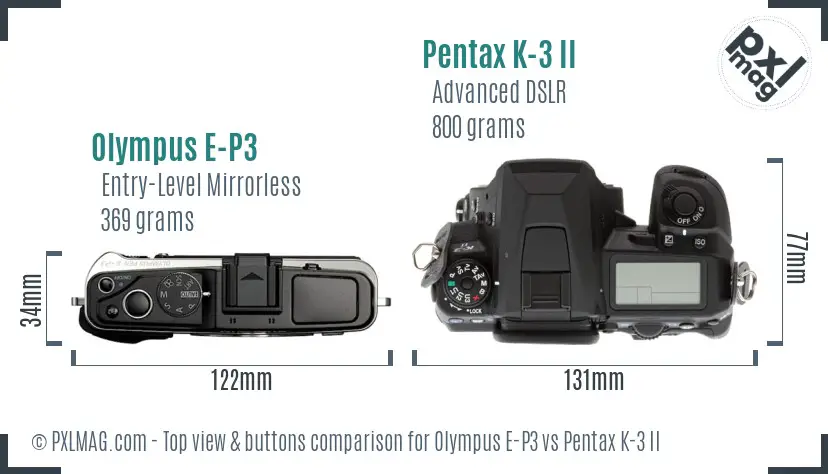 Olympus E-P3 vs Pentax K-3 II top view buttons comparison