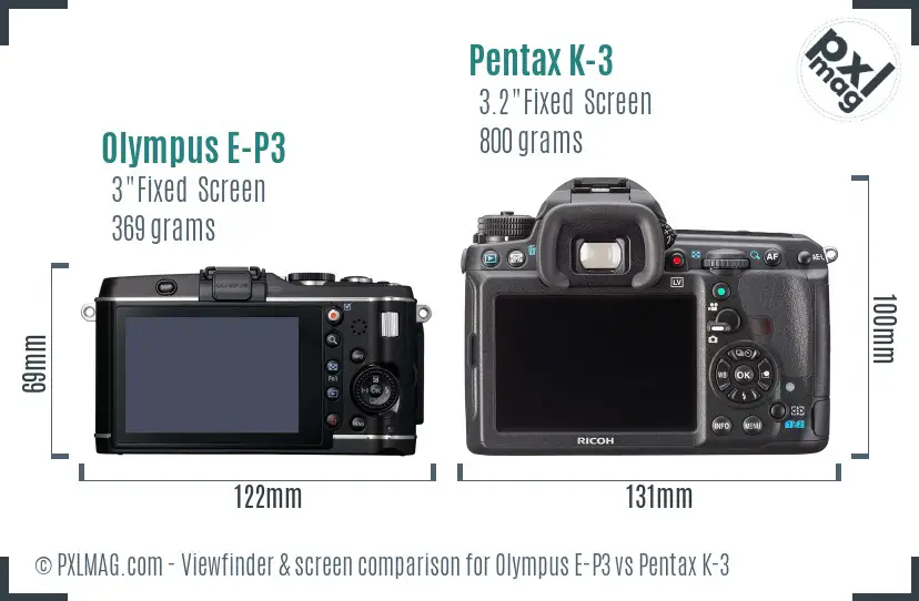 Olympus E-P3 vs Pentax K-3 Screen and Viewfinder comparison
