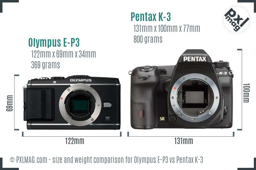 Olympus E-P3 vs Pentax K-3 size comparison