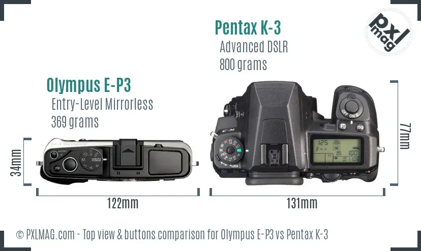 Olympus E-P3 vs Pentax K-3 top view buttons comparison