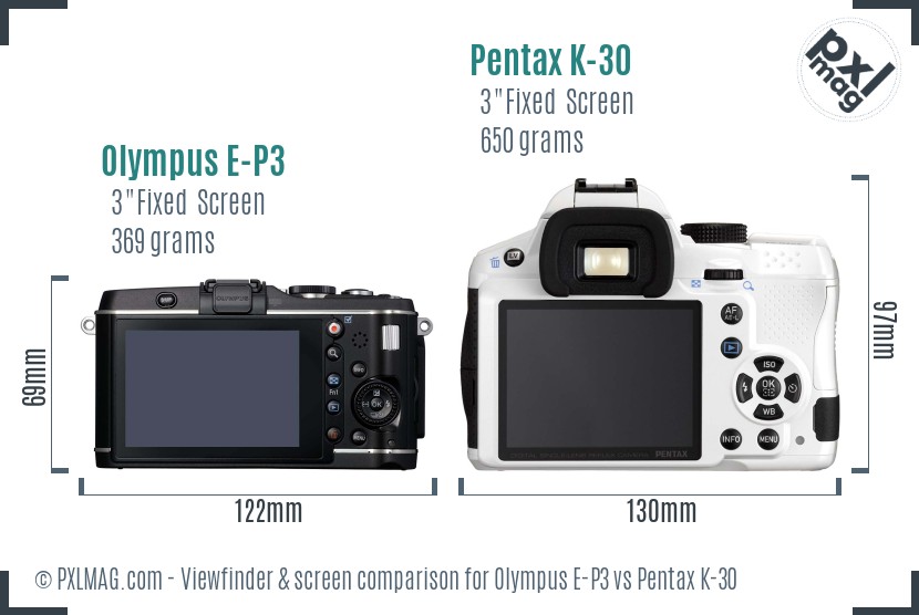 Olympus E-P3 vs Pentax K-30 Screen and Viewfinder comparison